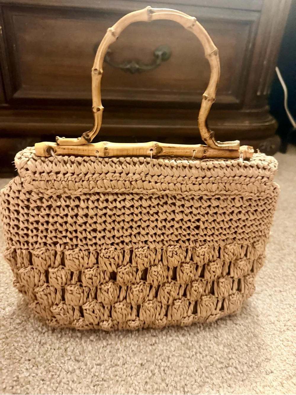 Rare Mid-Century Vintage Japanese Handwoven Straw Bag with Bamboo Handles